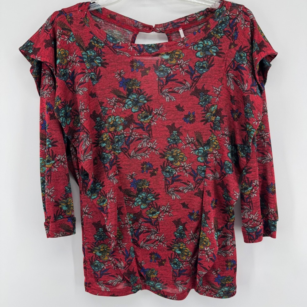 Free People Knit Top Womens Small Red Floral Dock Street Ruffle 3/4 Sleeve